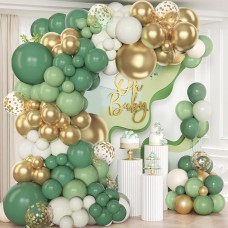 Green Gold Balloon Arch Kit, Dark Green Sage Green Sand White Metallic Gold Balloons Gold Confetti Balloons for Wild One Party Jungle Baby Shower St Patricks Day Decorations…