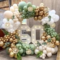 Sage Green Balloon Garland Arch Kit, Sand White Metallic Gold Matte White Confetti Latex Balloons for Baby Shower Bridal Shower Bachelor Party Wedding Birthday Party Decorations