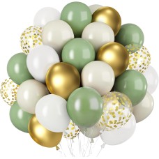 Sage Green White Gold Balloons, 50pcs Olive Green Gold Metallic Sand White Balloons with Gold Confetti Balloons for Wedding Baby Shower Bridal Shower Safari Birthday Party Decorations