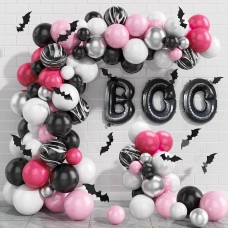 Pink Black Halloween Balloon Garland, 125pcs Matte Black Pink White Metallic Silver Rose Red Balloons for Halloween Themed Party Kids Halloween Girl Birthday Haunted House Decorations